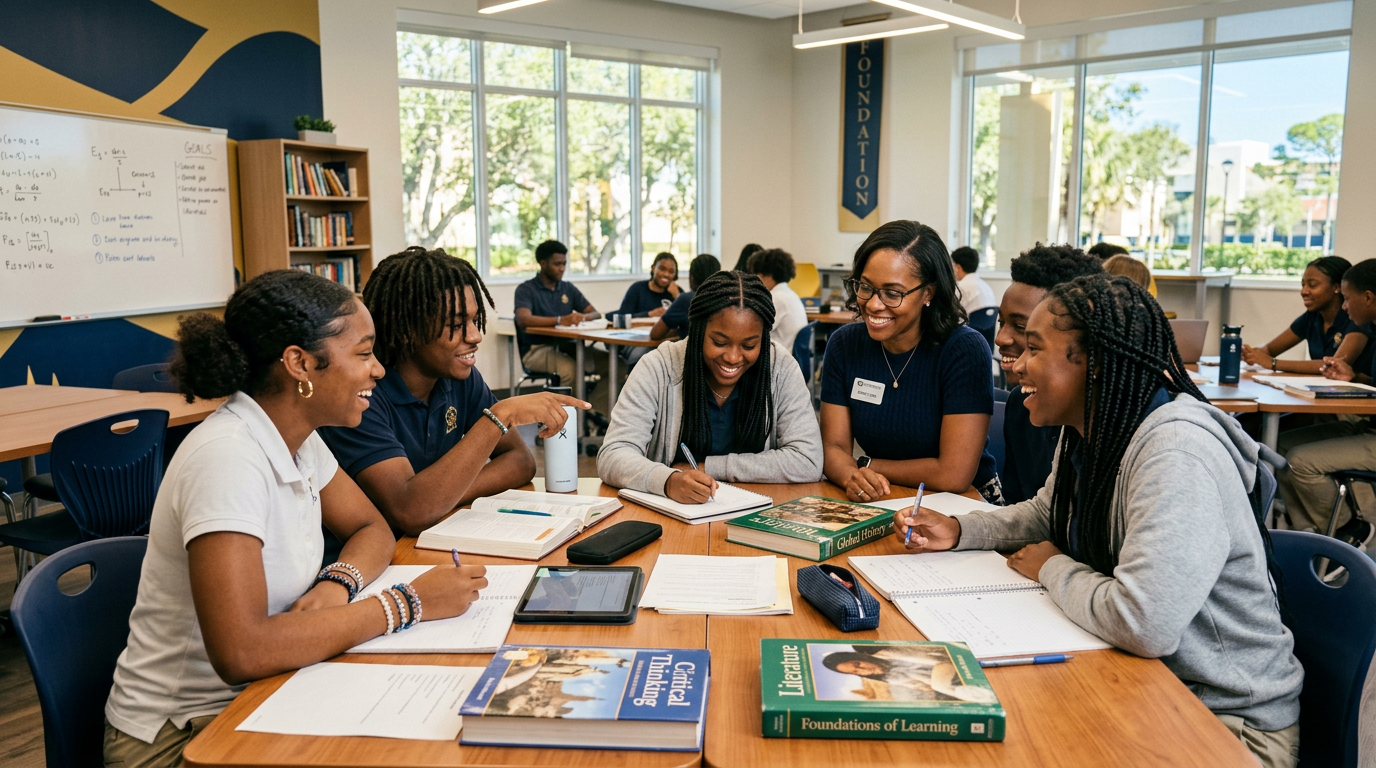 Students working together in a classroom with a mentor